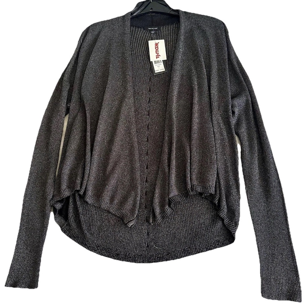 Sz L Verve Ami Black Metallic High Low Waterfall Swing Cardigan Rib Sweater New